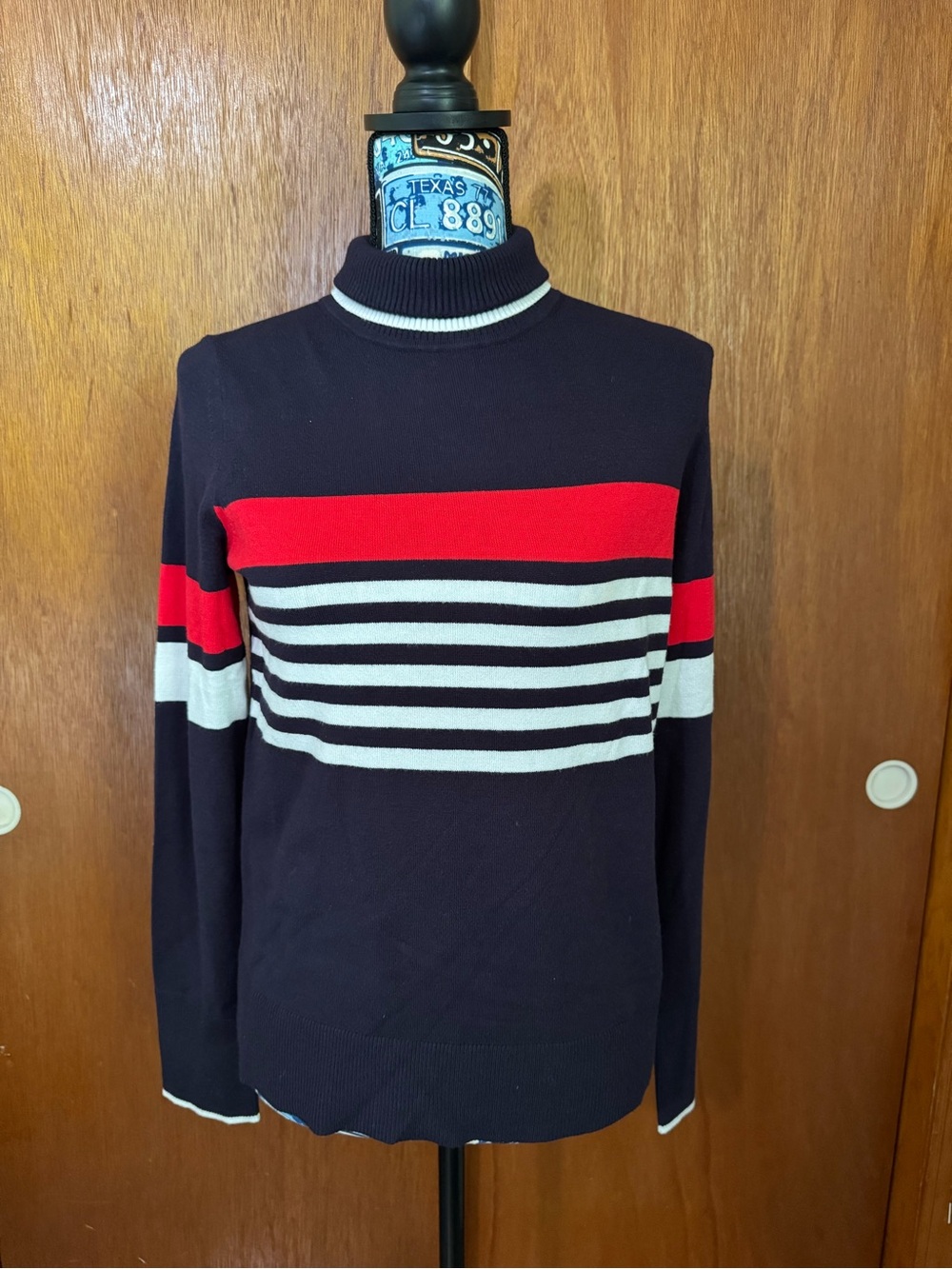 Classic Navy Turtleneck Sweater with Red and White Stripes